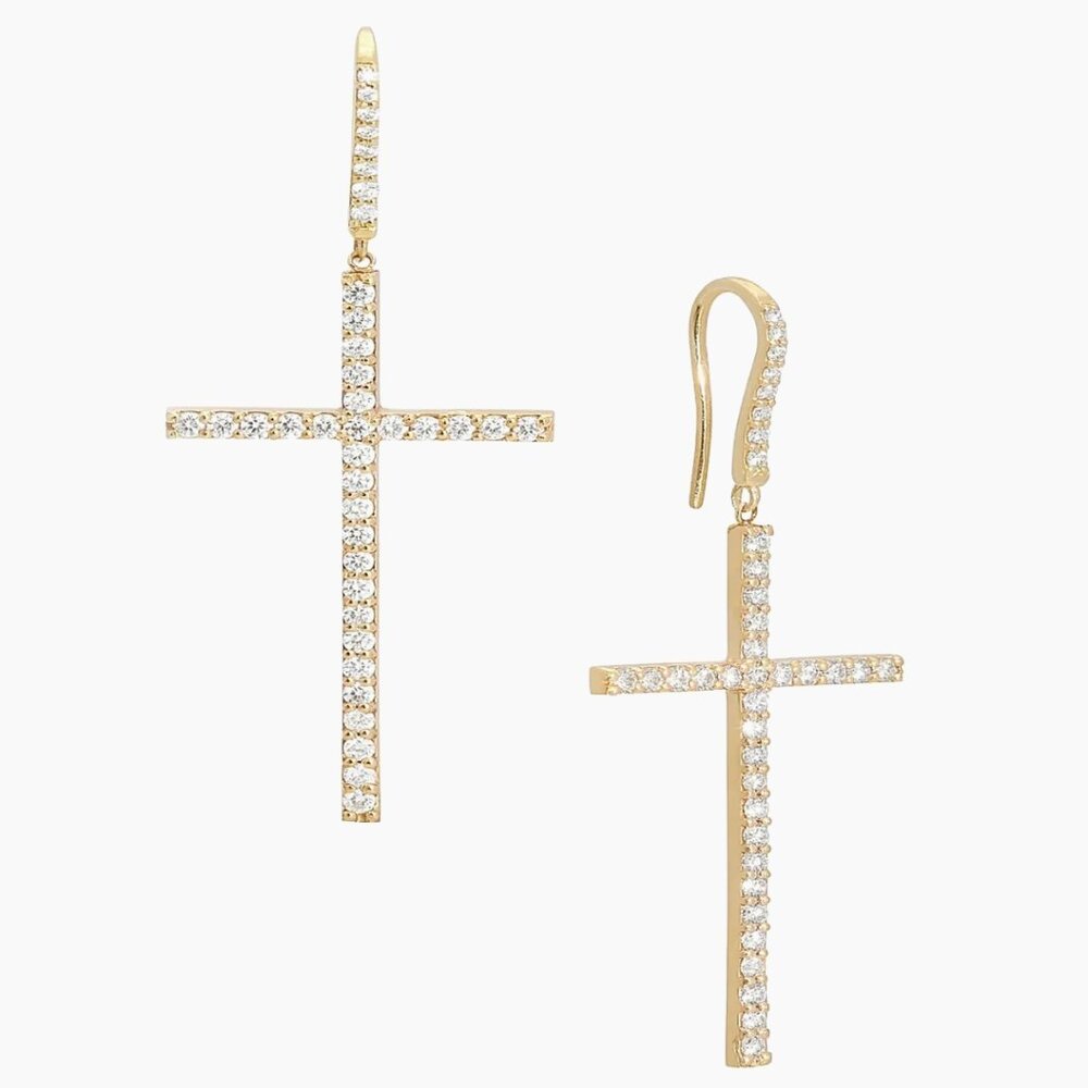 RARE MODERN LUXURY LANA JEWELRY FLAWLESS DIAMOND 14K GOLD CROSS PIERCED EARRINGS